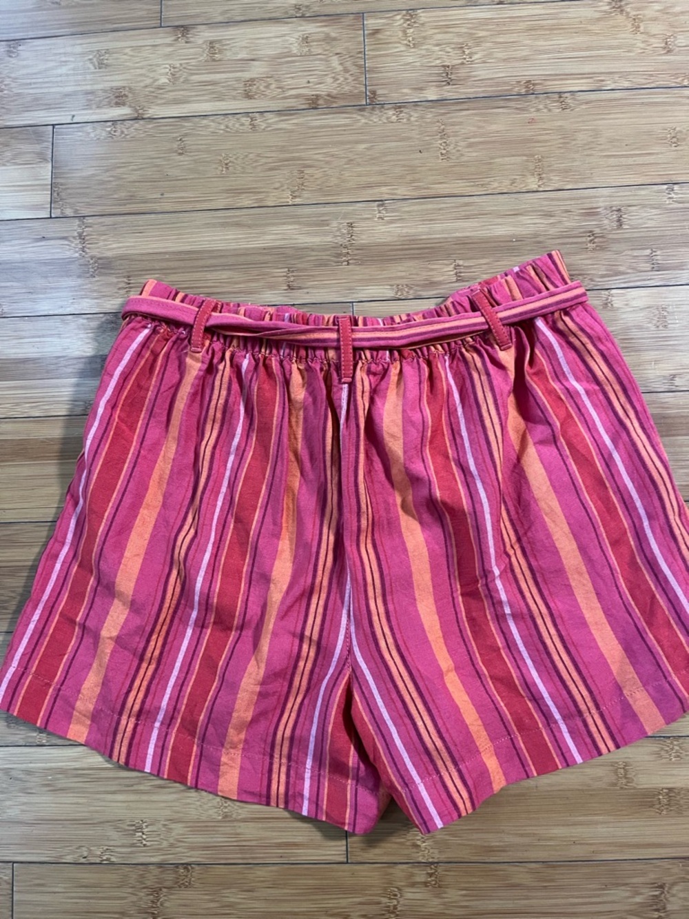 LOFT Linen Blend High Waist Vibrant Striped Paperbag Shorts with Tie Belt - Picture 7 of 14